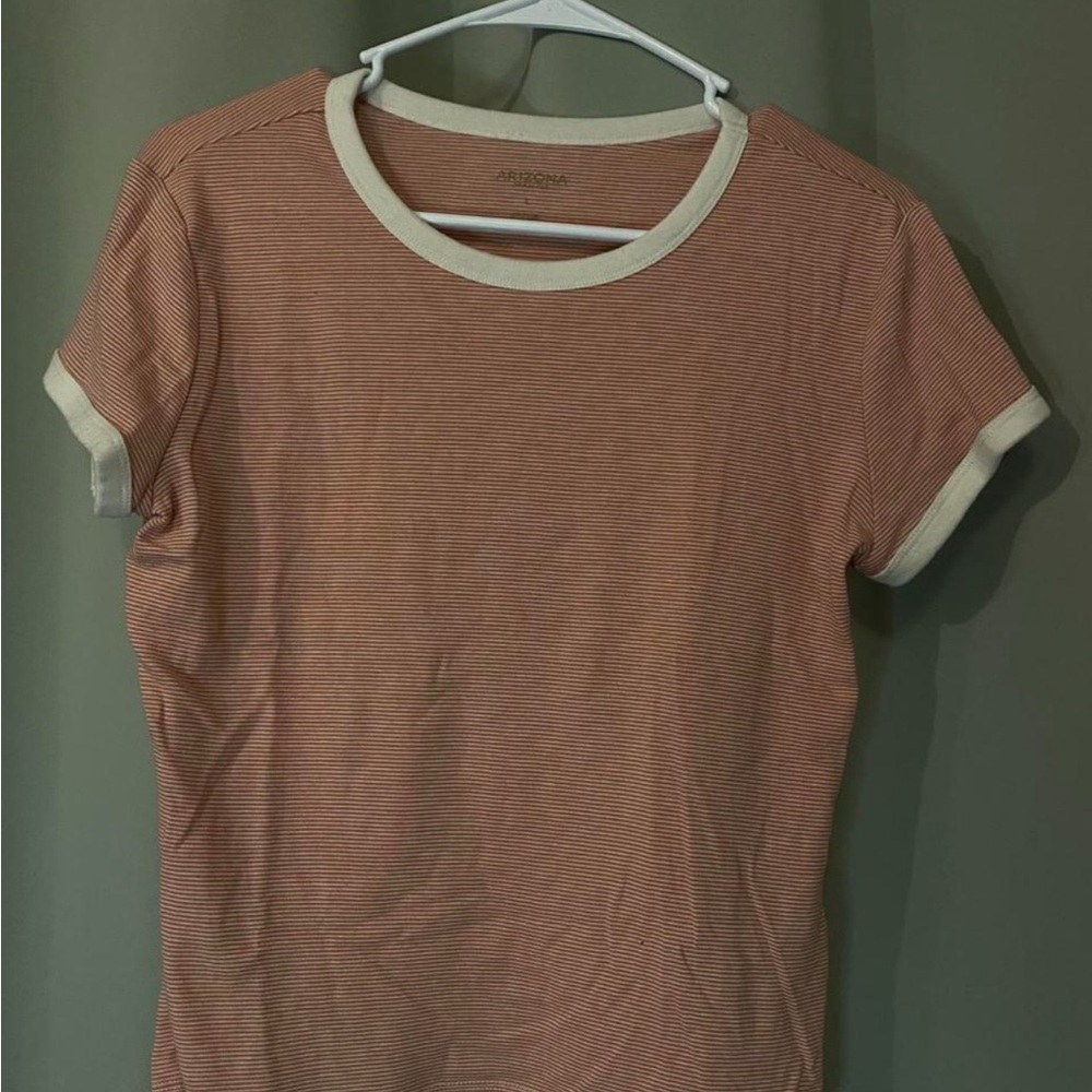 Arizona Jean Company Short Sleeve Striped Tee in Coral and White